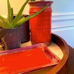 Handmade Made in France 3 Piece Orange Red Purple Pink Ceramic Vase Tray Blanket